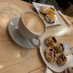 White chocolate tiramisu latte and waffle cinnamon rolls