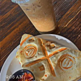 Breakfast taco, white chocolate mocha frappe