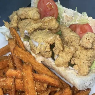 Catfish Po boy with sweet potato fries