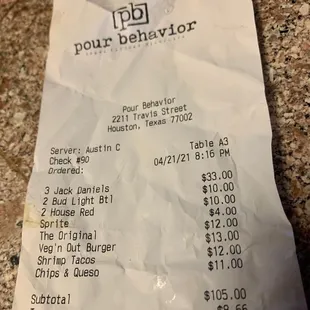 a receipt for a restaurant