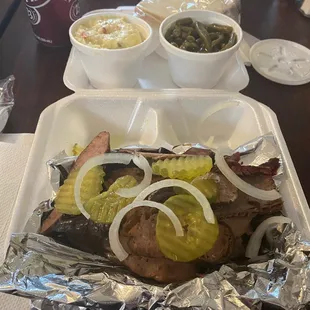 3 meat combo plate with potato salad &amp; green beans