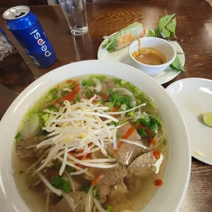 Large Brisket and Meatball Pho with some shrimp rolls.  SO GOOD!! I&apos;ve never had a bad meal here