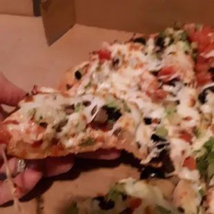 a hand holding a slice of pizza