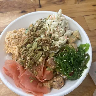 Large poke bowl with Mac salad and avocado upgrade