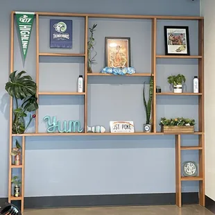 a display of plants and bookshelves