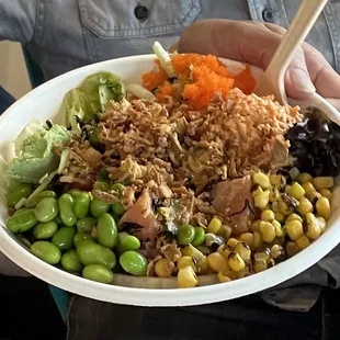 regular rainbow bowl which includes both tuna and salmon with wasabi shoyu sauce with my custom toppings.