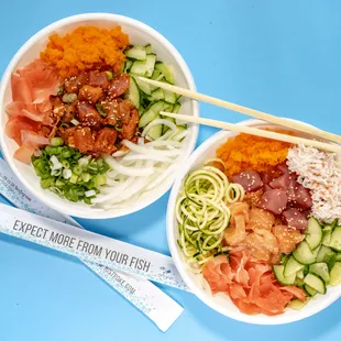 two bowls of food with chopsticks