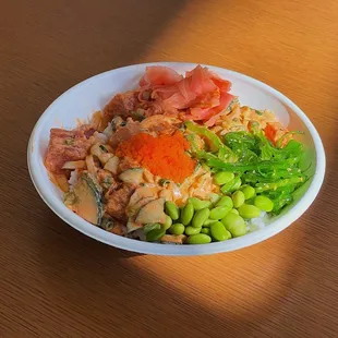 Spicy Ahi Bowl with edamame and seaweed salad added