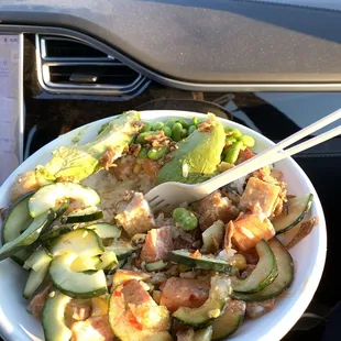 a plate of food in a car