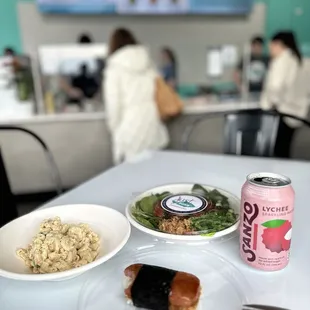 Poke bowl, mac salad, musubi.