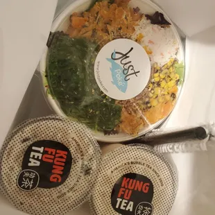 Just Poke has recently partnered with Kung Fu Tea. They do take out and delivery through various apps!