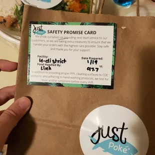 Safety promise card with delivery. A nice touch!