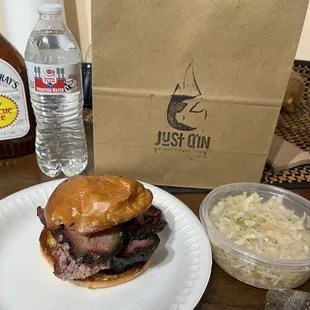 Beef, brisket sandwich and coleslaw