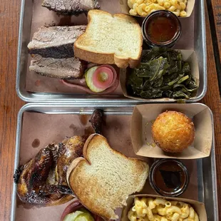 Brisket plate with greens and Mac, chicken plate with corn muffin and Mac