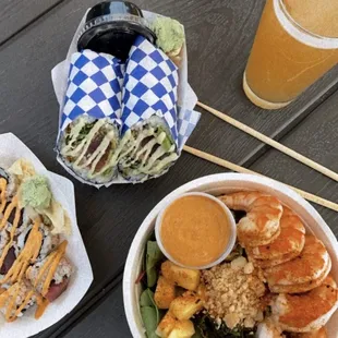 Poke bowl, sushi, jack n yellow sushi burrito