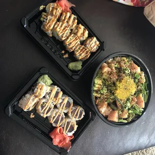 Take out spread - California roll, spicy tuna and the poke bowl (Mahi mahalo)z