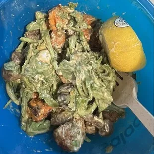 Before I took a single bite. Halfway up the bowl and a lemon with a sticker on it. Not very appetizing looking.