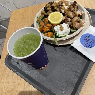 Warm Chicken Goat Cheese Bowl and Cucumber Mint Lemonade