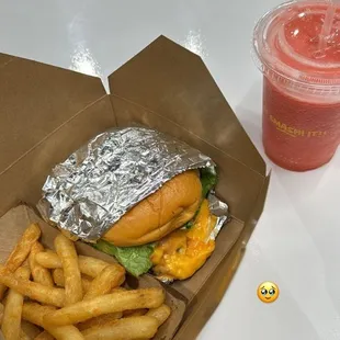 Double Jalapeño cheddar cheese burger fries and a daquiri