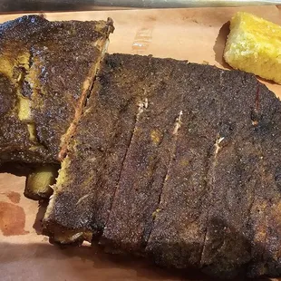 Half rack of ribs and a piece of cornbread