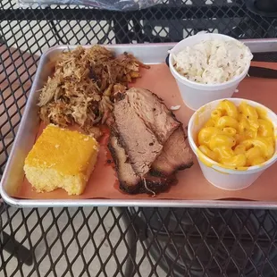 2 Meat Dinner: Pork, Brisket, Mac N&apos; Cheese, Coleslaw, and Cornbread