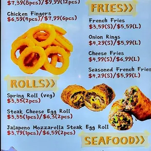 The appetizer, sides, and seafood menu.