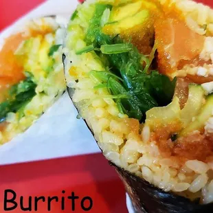 Poke Burrito; cali krab, spicy tuna, salmon, seaweed &amp; cucumber salad, masago, avocado, house poke sauce