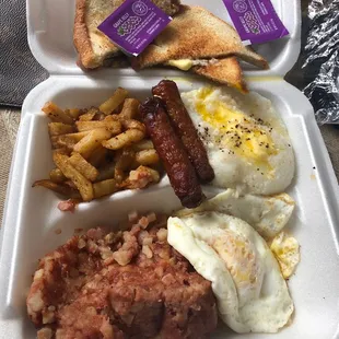 Breakfast sampler (hash browns, 1 egg, 2 sausage links ) ordered with 1 extra egg over medium , side of grits and side of corned beef hash.