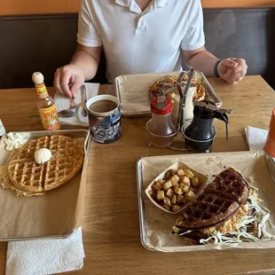 Oklahoma Pecan Waffle to the left, Chicken and Waffle up top and I had the Chicken Taco
