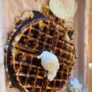 Jalapeno, Cornmeal and Cheddar Waffle with fried egg