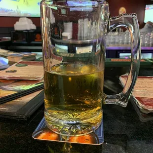 a glass of beer on a table