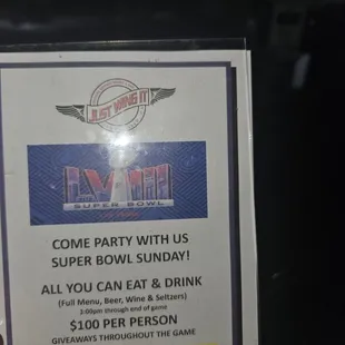 Here is the superbowl menu, come see Sam!