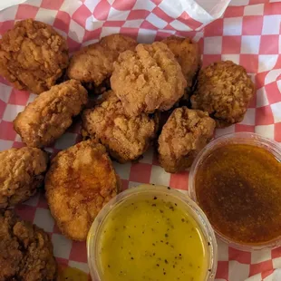 Boneless wings with lemon pepper (very salty) and honey bourbon