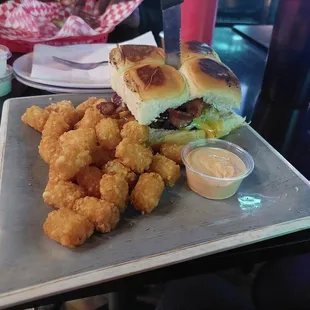 Hawaiian burger with tots and a chipotle mayo for dipping or dressing up the burger!