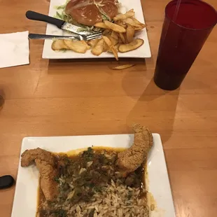 Blackened Chicken Sandwich w/ sensation sauce.   Catfish Atchafalaya w/ crawfish Etouffee&apos;.