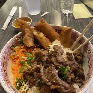 Vermicelli w pork and egg rolls. Great dish.