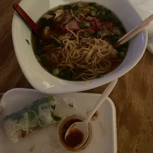 Wonton noodle soup and grilled chicken spring rolls.