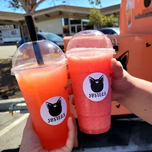 Watermelon slush on left, strawberry slush right side