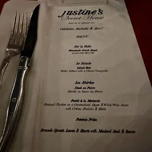 Justine's Secret House wedding dinner menu, September 30, 2023
