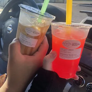 Strawberry Teas/Punch with strawberry popping boba  Brown Sugar Milk Tea with pearl boba