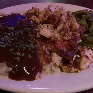 Pork chop stuffed with crab, Mashed potatoes &amp; green beans