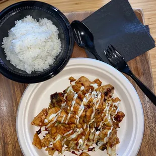 Teriyaki chicken with mayonnaise and a side of rice