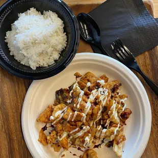 Teriyaki chicken with mayonnaise and a side of rice
