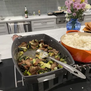 Mongolian style beef with book Chou and broccoli over jasmine rice