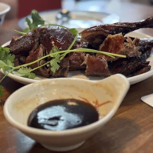 Dry 1/2 roast duck - literally only the bottom half (at least we got two thigh pieces). Served with hoisin sauce on the side.
