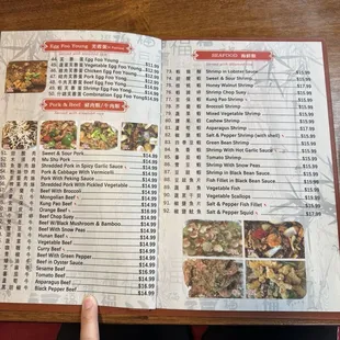 Menu - Egg foo young, pork &amp; beef dishes, and Seafood dishes
