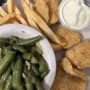 Lunch size fired catfish nuggets with 2 sides