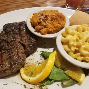 The Wyoming Ribeye with Mac and Cheese and sweet potato casserole