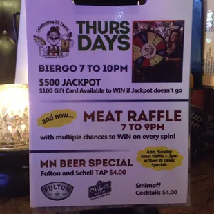 Thursday bingo, meat raffle, and MN beer specials