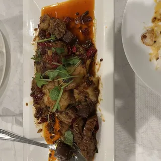 Spicy Fish Fillet with Pork Intestine and Blood Pudding